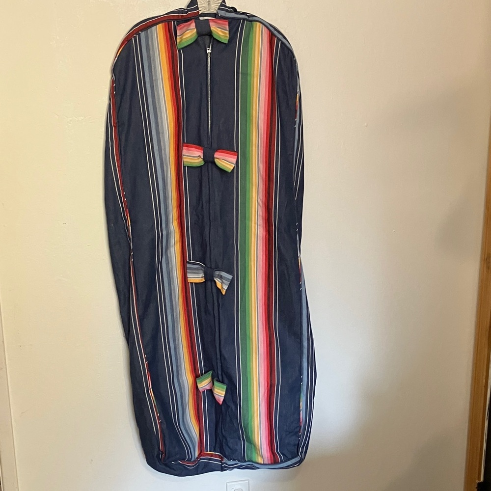 1960’a Tannerway Rainbow denim garment bag woth bows and  metal talon zipper